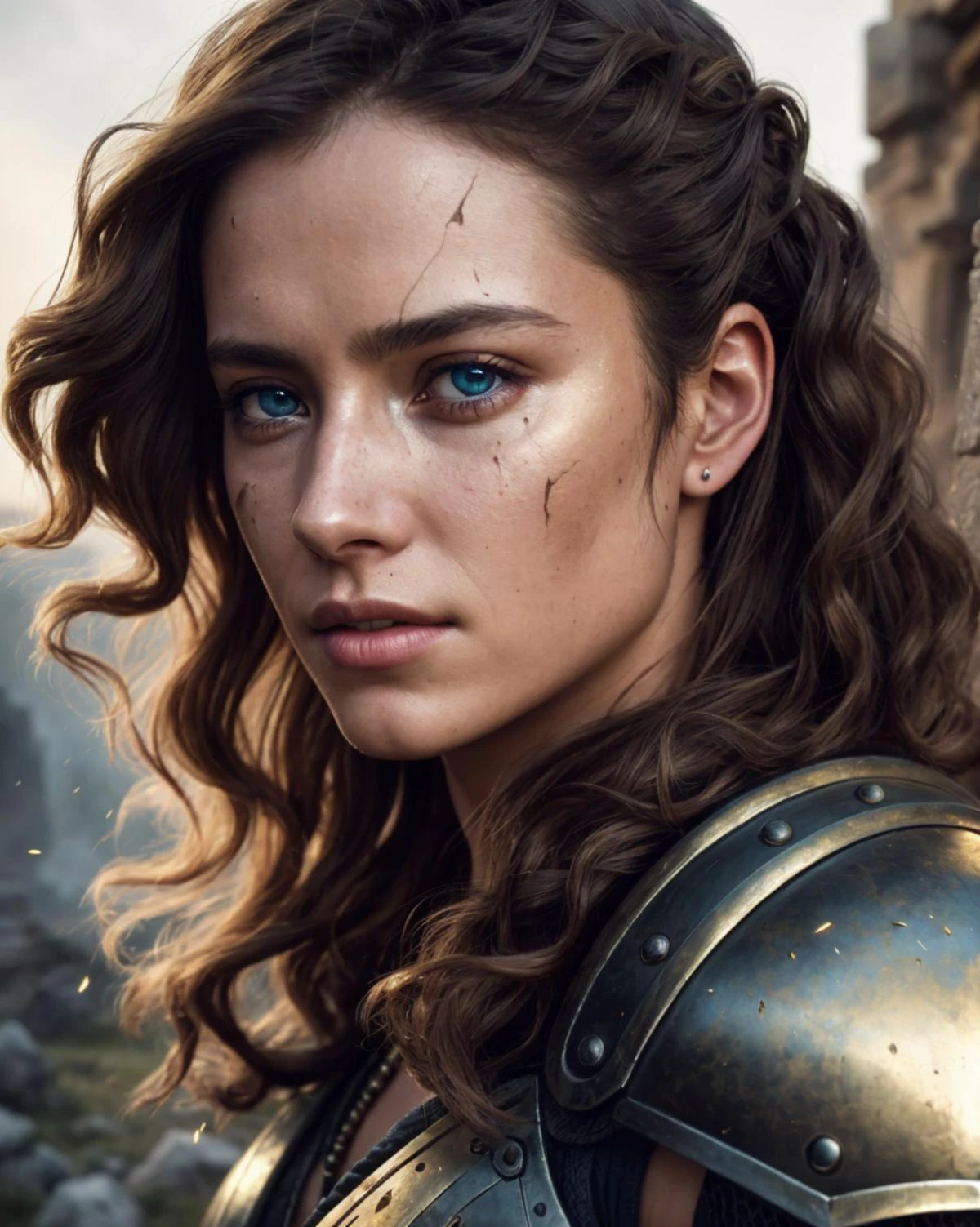 award winning photo, extremely detailed, amazing, finely detail, triumphant female warrior, beautiful ringlet hair, extremely windy, damaged worn armor in poor condition, atmospheric, (highly realistic skin, skin details, skin imperfections, pores), deep realistic shadows, vibrant, nikon d850 film, 4 kodak, portra 400 camera f1.6 lens, rich colors, hyper realistic, dramatic lighting, trending on artstation, cinestill 800 tungsten, (facial clarity:1.3), detailed ancient runic surroundings, highly detailed, UHD, HDR, 64k