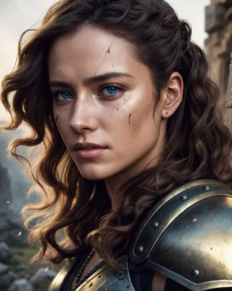 award winning photo, extremely detailed, amazing, finely detail, triumphant female warrior, beautiful ringlet hair, extremely windy, damaged worn armor in poor condition, atmospheric, (highly realistic skin, skin details, skin imperfections, pores), deep realistic shadows, vibrant, nikon d850 film, 4 kodak, portra 400 camera f1.6 lens, rich colors, hyper realistic, dramatic lighting, trending on artstation, cinestill 800 tungsten, (facial clarity:1.3), detailed ancient runic surroundings, highly detailed, UHD, HDR, 64k