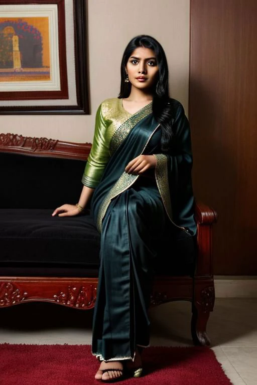 fair indian muslim girl wearing a silk saree with loose hair long legs with sandals long black hair till hip sitting in a black sofa