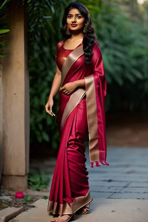 fair indian muslim girl wearing a Maroon silk saree with long loose hair long legs with sandals with red nail polish