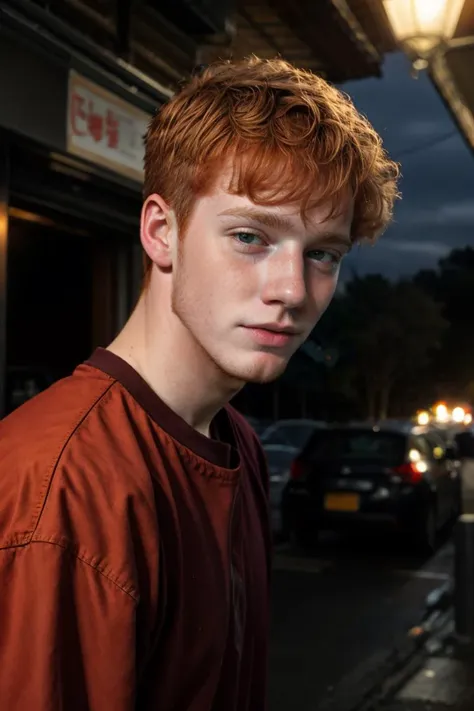 candid photograph, slender dg_Finn <lora:dg_Finn_v1:0.8> 18yo 1boy, ginger facial stubble, , homoerotic, detailed realistic face,  chased through night woods, terrified, scratches,