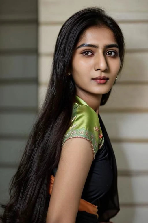 fair muslim girl wearing a silk saree with loose hair thin jaw small nose black eyes