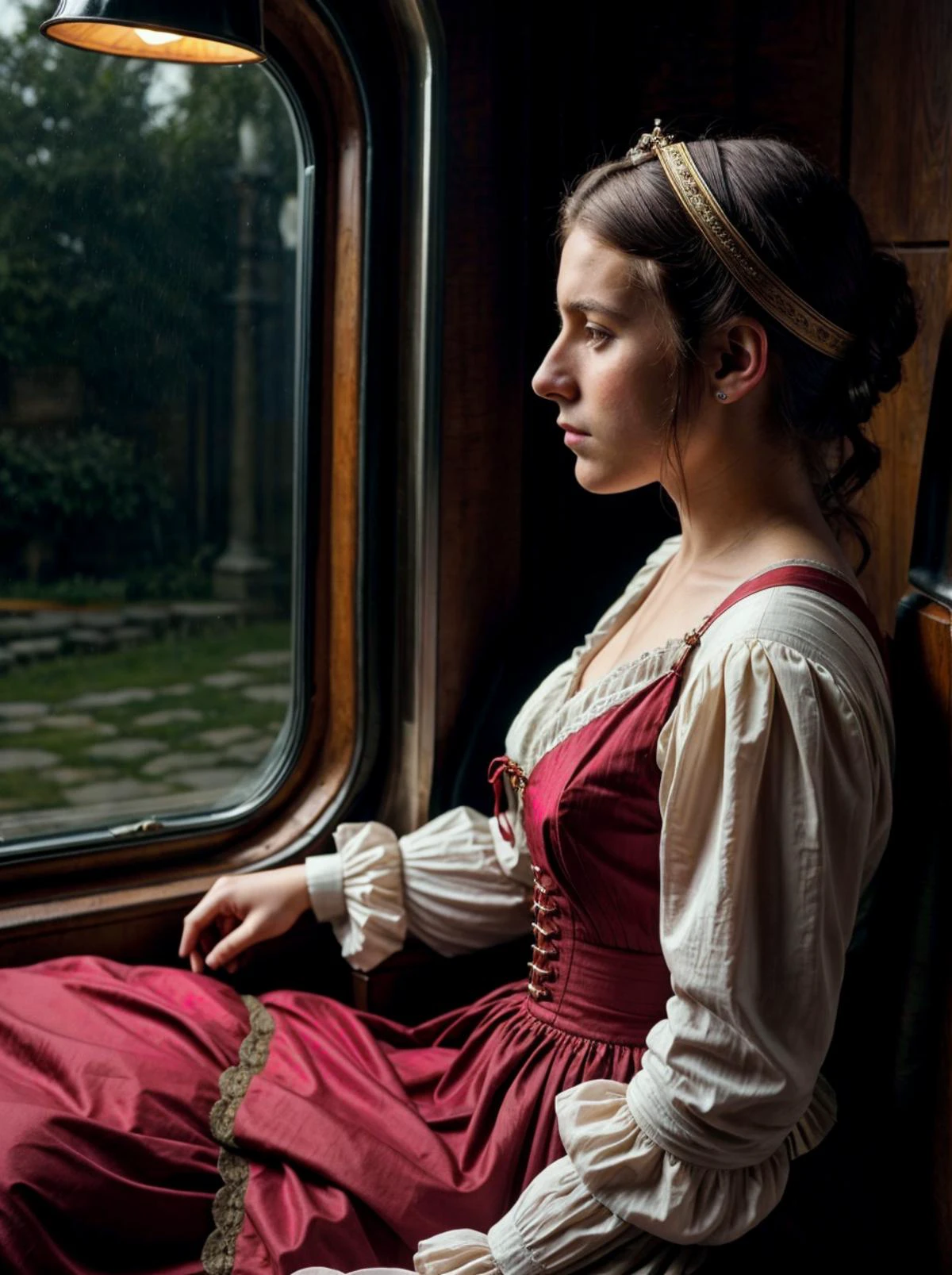 side view (analog style), A 18yo attractive female on in a carriage for the first time. It is 1790, and she is a poor merchant. She nervously stares at the scenery trying to calm her nerves (cinematic lighting:1.2 atmospheric:1.2)