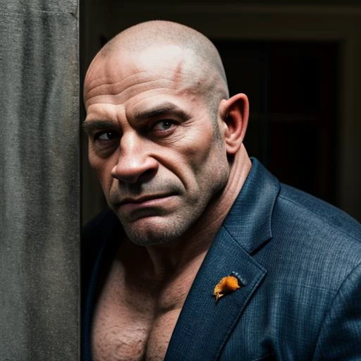 RAW photo, muscle Orc leaning against wall in a suit, Highly detailed, 800mm lens, moody