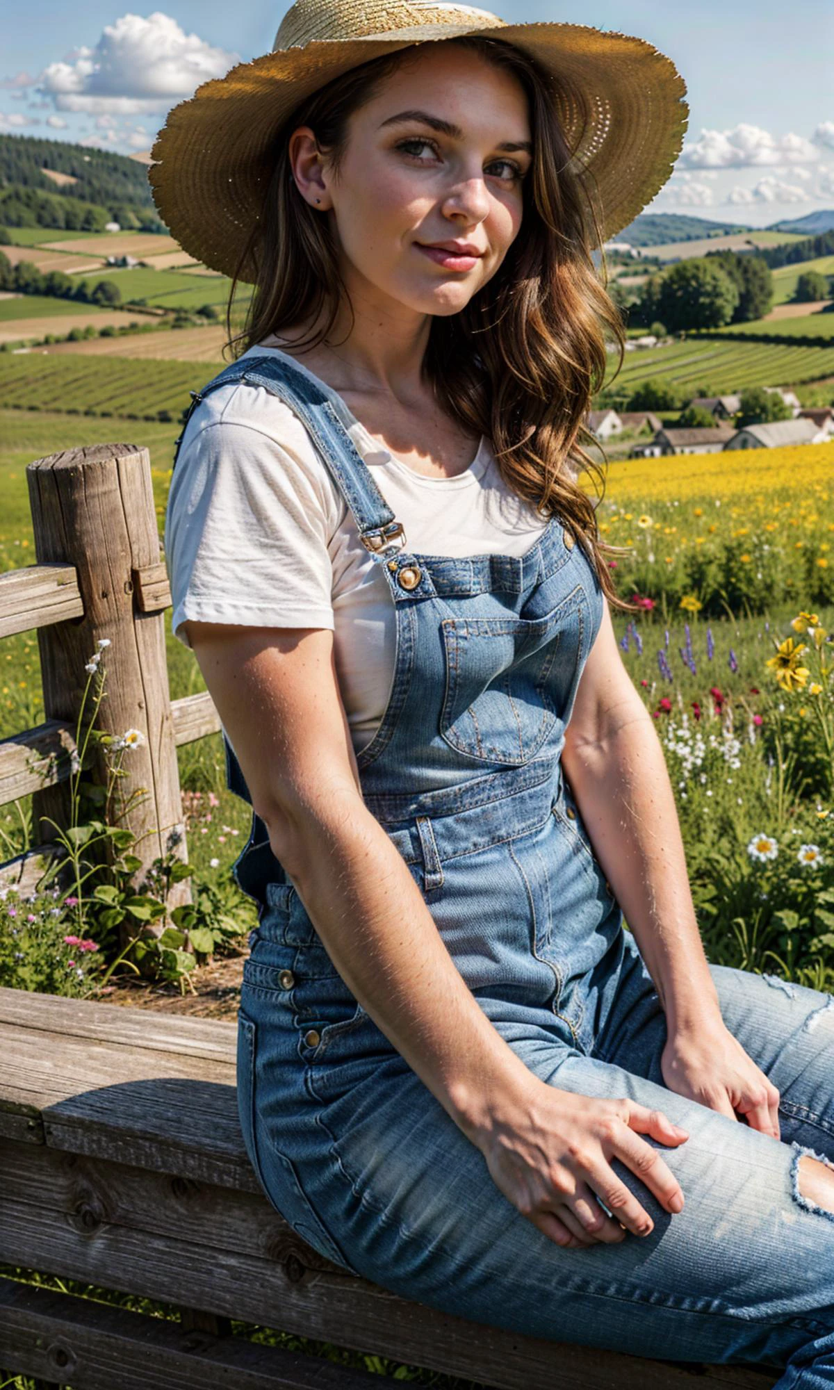 (quaint countryside setting, summer day), young adult woman, rustic casual summer fashion, (sitting on a wooden fence), thoughtful and serene pose, shoulder-length curly hair, light, sun-kissed makeup, (denim overalls over a simple white tshirt), comfortable boots, (holding a straw hat), (background: rolling hills, a distant barn, wildflowers), soft sunlight, (sense of relaxation and connection with the rural landscape) (style of Gil Elvgren:1.5),