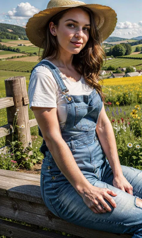 (quaint countryside setting, summer day), young adult woman, rustic casual summer fashion, (sitting on a wooden fence), thoughtful and serene pose, shoulder-length curly hair, light, sun-kissed makeup, (denim overalls over a simple white tshirt), comfortable boots, (holding a straw hat), (background: rolling hills, a distant barn, wildflowers), soft sunlight, (sense of relaxation and connection with the rural landscape) (style of Gil Elvgren:1.5),