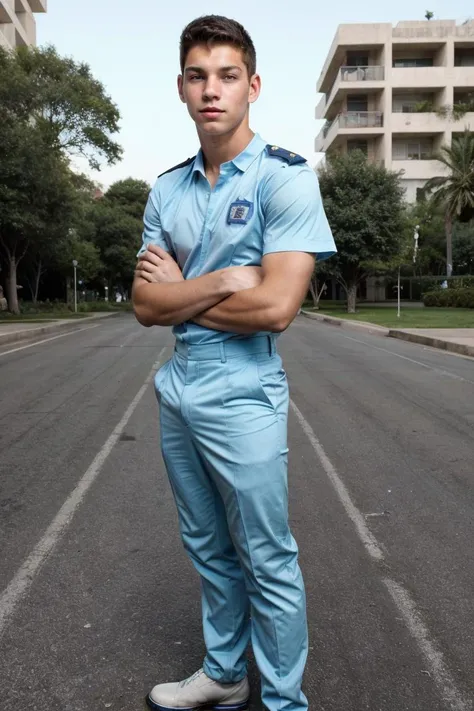 realistic, sfw, an attractive 18 years old fit caucasian boy standing, smug, full body shot, police uniform, <lora:bartcuban-v1:0.7>, bartcuban,