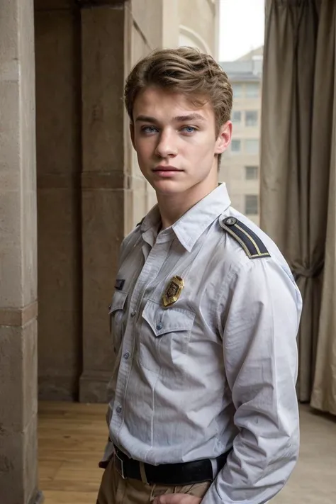 realistic, sfw, an attractive 18 years old fit caucasian boy standing, smug, full body shot, police uniform, <lora:thomasd-v1:0.7>, thomasd,