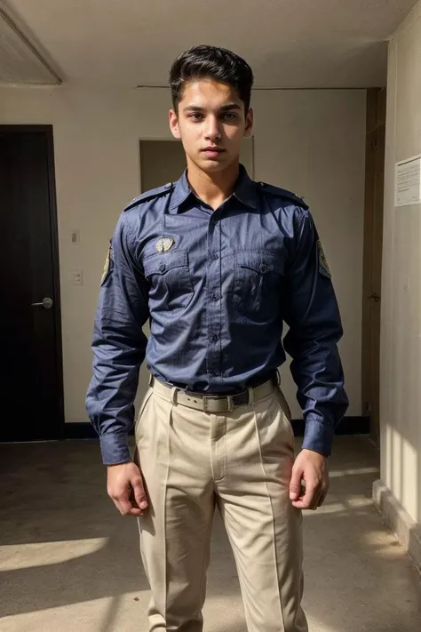 realistic, sfw, an attractive 18 years old fit caucasian boy standing, smug, full body shot, police uniform, <lora:Rohit Singh:0.7>, rohitsingh person,