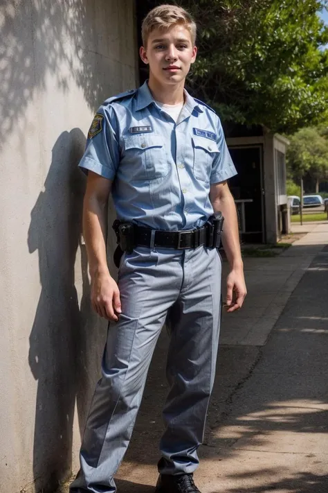 realistic, sfw, an attractive 18 years old fit caucasian boy standing, smug, full body shot, police uniform, <lora:Bradley J:0.7>, bradleyj person,