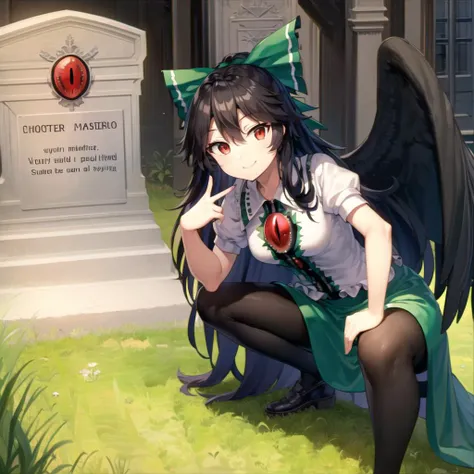 (masterpiece, best quality: 1.2), detailed, touhou, 1girl, (reiuji utsuho: 1.1), long hair, black hair, green bow, white shirt, short sleeves, puffy sleeves, green skirt, puffy short sleeves, wings, (black wings), third eye, QueensGraveMeme,  v, smile, <lora:touhou_reiuji-09:1> <lora:GrantGustinNextToOliverQueensGraveMeme:1>