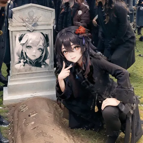 Highly detailed, High Quality, Masterpiece, beautiful, QueensGraveMeme, <lora:GrantGustinNextToOliverQueensGraveMeme:1>, 1girl, hu tao (genshin impact), boo tao, flower-shaped pupils, red eyes:1.4, flower, <lora:Char_GenshinImpact_HuTao:0.7>, v, smile
