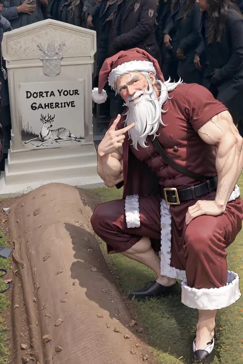 1boy, santa hat, santa costume, santa claus, muscular, (muscular male:1.3), hyper muscular, beard, white beards, long beard, old man, QueensGraveMeme, v, smile, <lora:Pos_GrantGustinNextToOliverQueensGraveMeme:1>, animal, deer, dead, monochrome, greyscale,