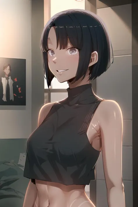 <lora:KangSeon_SSG-V2:0.9> seondef, black hair, short hair, grey eyes, looking at viewer,
standing, upper body, turtleneck, tanlines, midriff, arms at sides, portrait, smile, teeth, sleeveless, black shirt,
masterpiece, best quality,