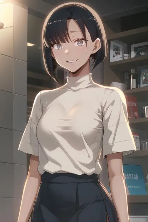 <lora:KangSeon_SSG:0.8> seondef, black hair, short hair, grey eyes, dark-skinned female, 
standing, upper body, looking at viewer, turtleneck, white shirt, black skirt, smile, solo, short sleeves, bare arms, 
masterpiece, best quality,