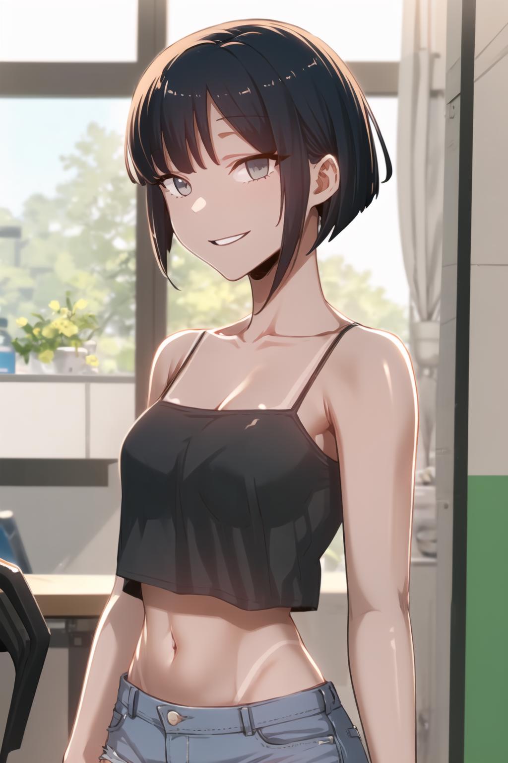 Anime girl in black top and blue shorts standing in front of a window ...