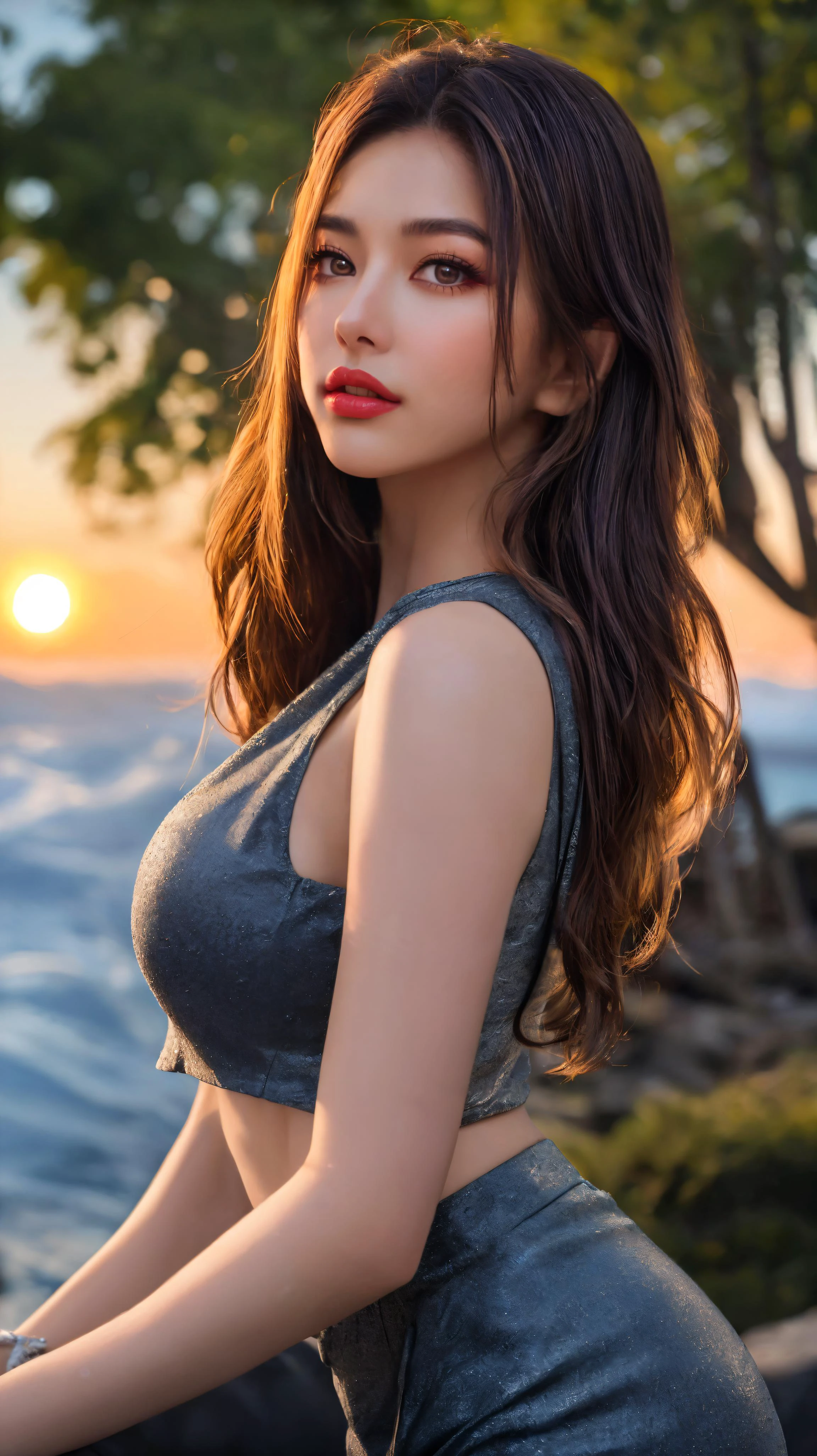 (masterpiece:1.3, realistic:1.3), best quality, ultra detailed, intricate, professional photography, HDR, High Dynamic Range, (8k UHD), RAW photo, dslr, realistic LUT, cinematic LUT, perfect lighting, professional lighting, cinematic lighting, cinematic shadows, iridescent lighting Fashion photography, Fashion photography, Embellished, Latino, young, woman, Long hair, Layered hair, Short textured fringe, Honey Blonde hair, Double Eyelid eyes shape, Hazel eyes, Large lips, Glossy red lips, Glam makeup, Confused, Voluptuous body, Expressive female pose, Riding, Business Casual dress, Harem pants, Ambient light, Lens flare, Sunrise, Dawn, silver sparkle background, Waterfall background, Nikon Z6, 25mm prime lens, Handheld shot, BREAK PA7_Portrait-CU, Slightly above, Kodak Portra 160, Color filter, (((PA7_Human-Likeness)))