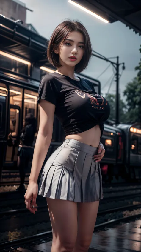 Beautiful face, 8K, HDR, UHD, Masterpiece, Hyaperrealistic, (dark background, studio lighting:1.2),
1girl, standing, ((outdoors, train station, )), (smooth soft skin:1.2), (short hair:1.2),  (no pants, half covered private parts, living clothes, covered nipples), highly detailed face, Beautiful face, slender body, Hyaperrealistic, youthful girl in very deeply ecstasy, hourglass body in  hot pose, perfect medium breasts, short hair, asymmetrical bangs, ((wearing casual t-shirt,  pleated miniskirt,  Dressed very colorfully daily native clothing)), very hot poses, very intimate, superscaled, beautiful waist, beautiful hip, detailed hair, ((full frame sexy pose)), 
<lora:add_detail:1>,  <lora:xsarchitectural-6:1>