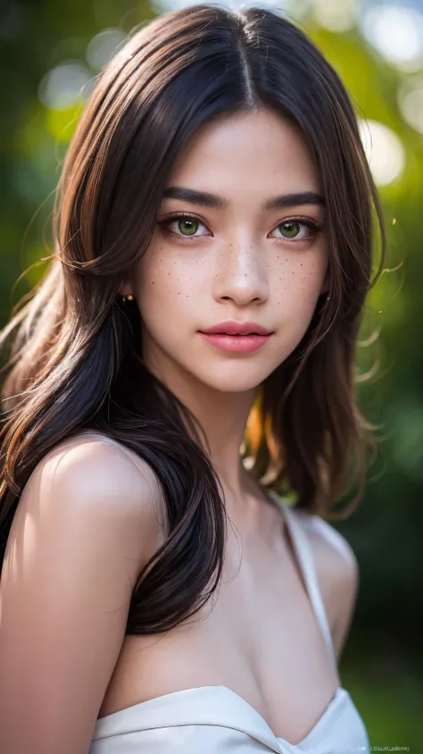 masterpiece, realistic, best quality, ultra detailed, intricate, professional photography, HDR, High Dynamic Range, (8k UHD), RAW photo, dslr, realistic LUT, cinematic LUT, perfect lighting, professional lighting, cinematic lighting, cinematic shadows, macro shot of a beautiful young woman as princess in dryad glade, atmospheric haze, dynamic lighting, cinematic still, pale skin, screencap, (freckles), contemplative, smirk, piercing green eyes, high ponytail, extremely long hair, sleek hair, white hair, portrait, dynamic pose, 100mm f/2.8 macro lens, sleek hair,