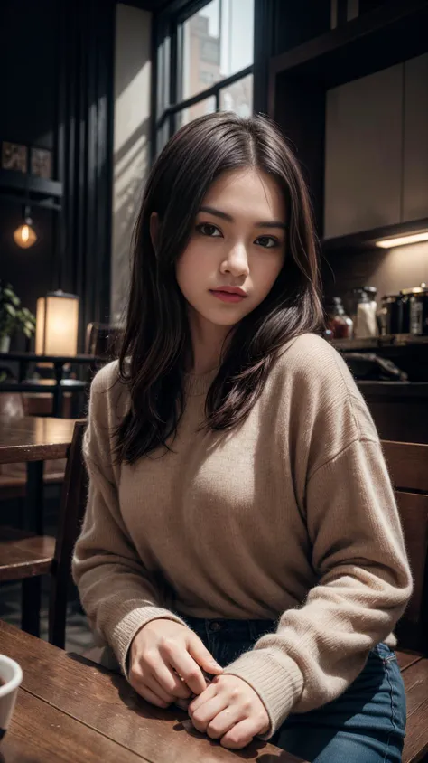 (RAW Photo, Best Quality), (Real, Photorealistic: 1.3), Best Quality, Masterpiece, Beautiful, 16K, (HDR: 1.4), High Contrast, (Vivid Color: 1.4), (Medium, Dim) Color, Mute tones: 0), cinematic lighting, ambient lighting, exquisite details and textures, cinematic shots, warm tones, (bright and intense: 1.2) Perfect portrait composition of a young woman with confidence and style Wonderful depiction. Happy, Winter Casual, Harajuku, Cafe, Seating,
<lora:add_detail:0.8> <lora:xsarchitectural-6:0.6>