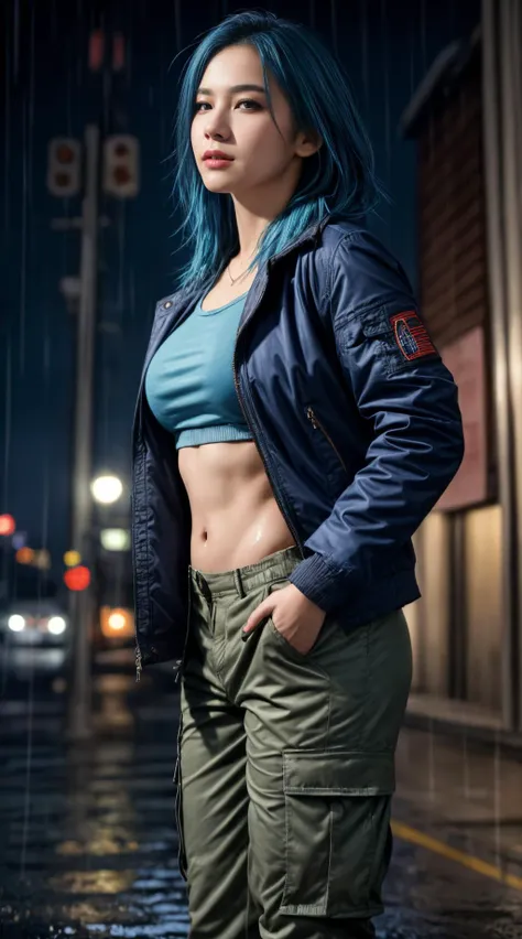 (masterpiece, 8k, hyperrealism:1.3), a woman, blue hair, strong anatomy, brown jacket, cargo pants, urban, at night, raining, wet, dim light, detailed, hdr, intricate detailed, medium close-up shot,, <lora:more_details:0.5> <lora:NSFWFilter:1>