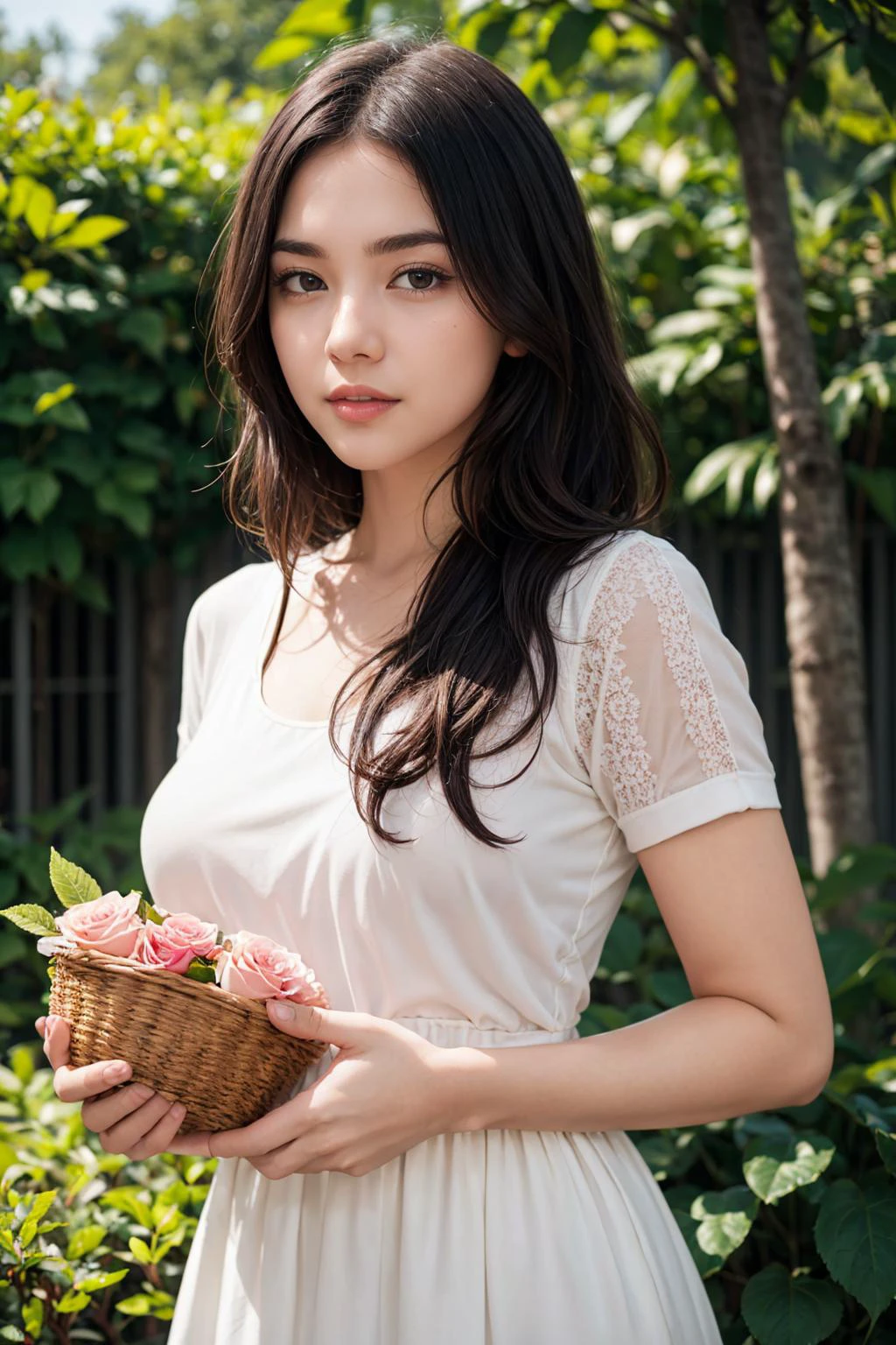 best quality, masterpiece, 4k, uncensored, prefect lighting, rating_explicit, very aesthetic,
1girl, solo, curly hair, messy hair, long hair, looking at viewer, brown hair, black hair, dress, holding, upper body, flower, short sleeves, outdoors, white dress, lips, rose, leaf, pink flower, realistic, basket, Detailed, unique, trendy, professional