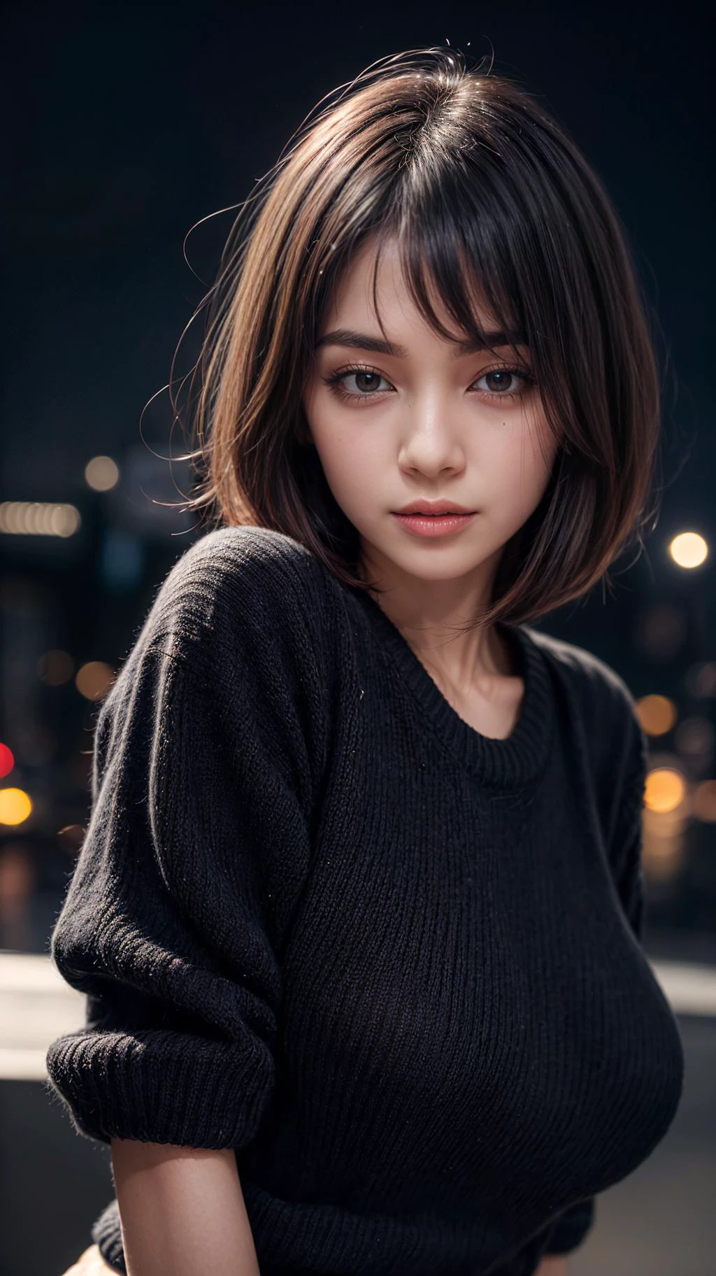 (masterpiece, best quality, photorealistic, 8k raw photo), 1girl, beautiful girl, 20 year old, huge breasts,((sideswept bob haircut)). only wearing ((oversized black knitted sweater, covered nipples)), standing, looking at viewer, mischievous expression, (full Moon night:1.0), realistic lighting, low_key, depth of field, perfect body, intricate detailed, finely detailed, high_res, hdr,1 girl, <lora:add_detail:1> <lora:NSFWFilter:-1>