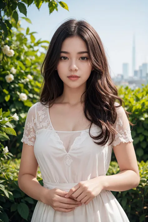 best quality, masterpiece, 4k, uncensored, prefect lighting, rating_explicit, very aesthetic,
1girl, solo, curly hair, messy hair, long hair, looking at viewer, brown hair, black hair, dress, holding, upper body, flower, short sleeves, outdoors, white dress, lips, rose, leaf, pink flower, realistic, basket, Detailed, unique, trendy, professional