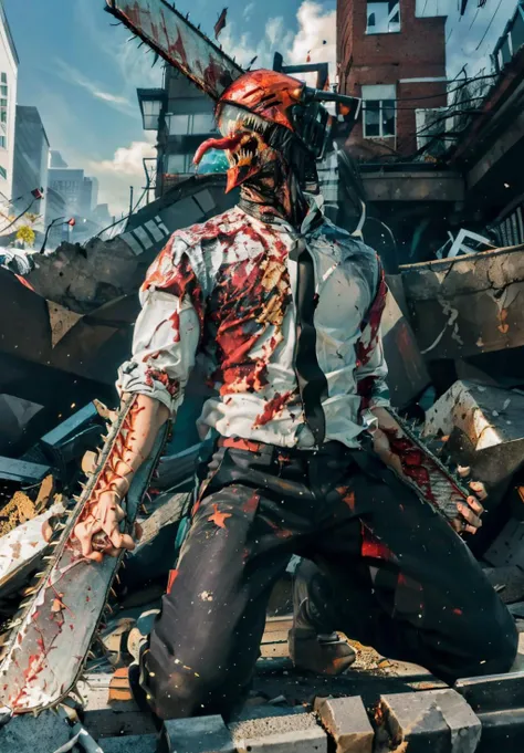 1boy, (masterpiece:1.2),(best quality:1.2),ultra high res,(photorealistic, realistic, photo-realistic),(extremely detailed CG unity 8k wallpaper), djb, monster boy, sharp teeth, ((chainsaw)), (blood on clothes:1.4), collared shirt, black pants, (tongue out, long tongue:1.1), <lora:denji_v2:1>, <lora:WryyyyyPose:0.9>, (IncrsWryyyyy, wryyyyyyyyyyyyyyyyyyyy:1.4), (bended knees:1.2), bend, from front, look up, in destroyed city, day, blood spatter, pool of blood, massive bloodstains, (((heavy breathing,breathless))),