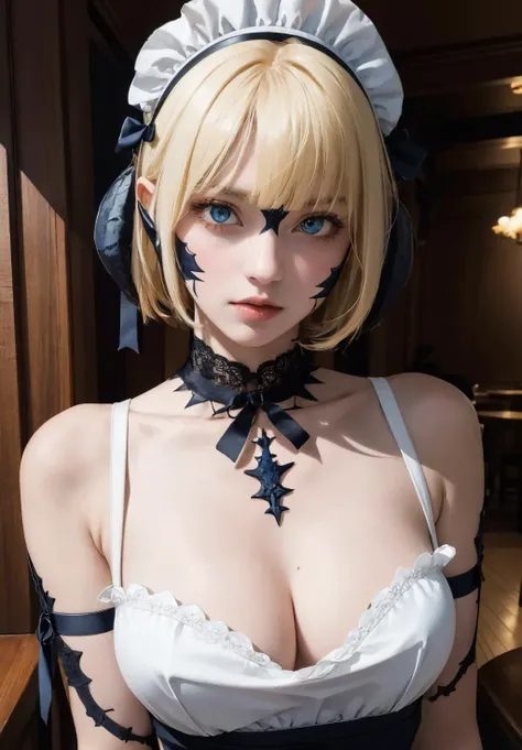 (masterpiece, best quality:1.2),ultra high res, <lora:AuRa_23:1>, (black au ra, front black horns, black scale:1.1), (1 perfect beautiful 18 years old female), (blonde short hair and bangs), (azure eyes), (pale skin:1.0), <lora:leco_pale_skin_last:-1>, tsurime, little angry, glaring,glare, solo focus, (upper body:1.1), front view, (natural large breasts:1.3), maid costume, maid headdress, fantasy-inspired, moe-infused maid costume with a delicate lace apron, playful ruffles, and enchanting ribbon accents, (hand on own chest), (looking at viewer:1.4), glossy skin, in a Maid Café restaurant,