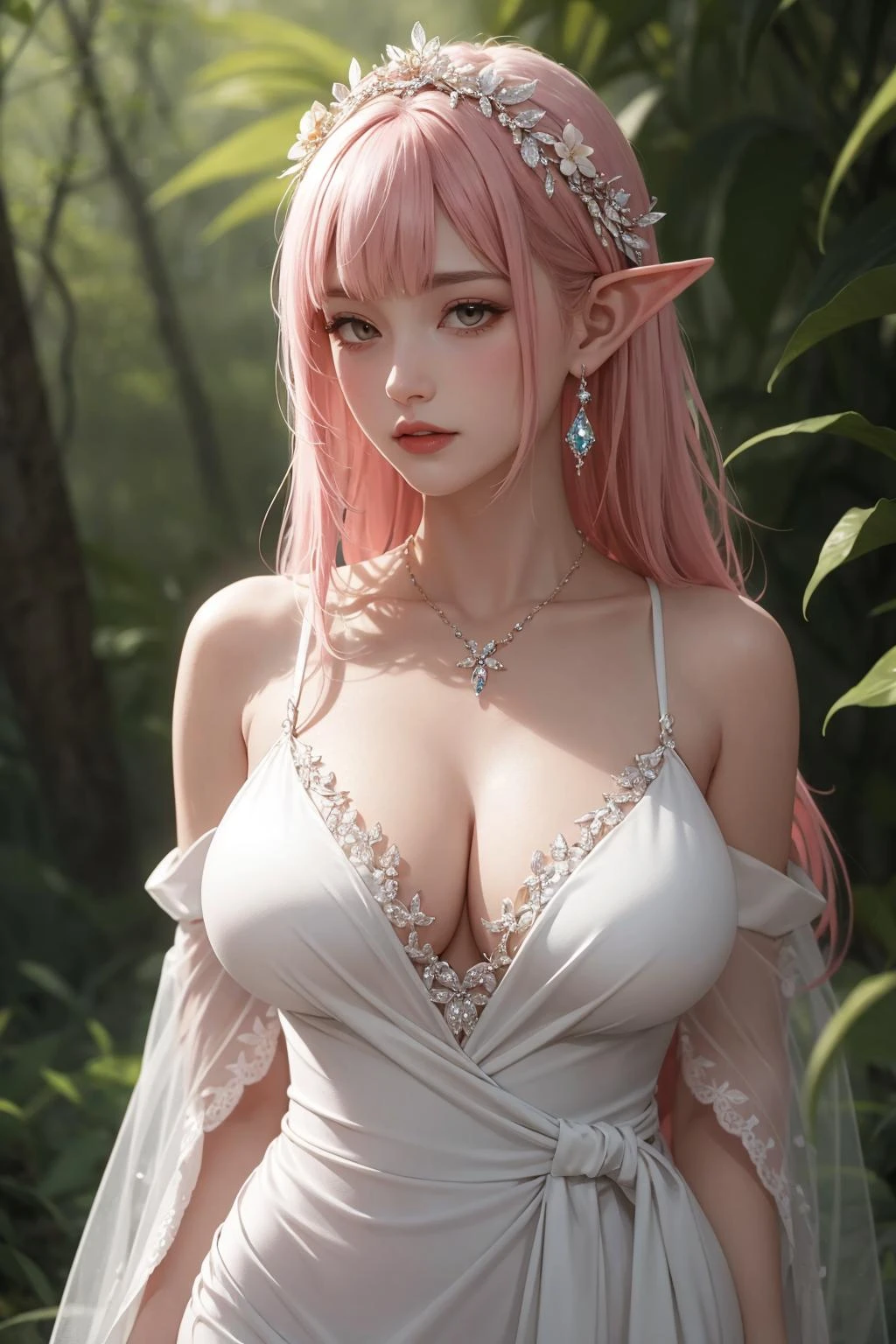 1 perfect beautiful 26 years old female,upperbody,in fantasy style,elf ears, (pink hair), long hair,with bangs, detailed hair accessories,(natural big breasts:1.3),detailed white dress with jewelry, in the forest, dim light,The dress is a vision of pure, unadulterated elegance, crafted from the finest white silk that falls gracefully to the floor. The bodice is fitted, accentuating the wearer's figure, and is adorned with intricate lace detailing that adds a touch of sophistication and femininity. The sleeves are sheer, billowing out slightly before tapering at the wrists, and the back dips into a low V, adding a hint of allure.
The skirt of the dress is a masterpiece in itself. It flows out from the waist in a gentle A-line, the silk cascading like a waterfall. The hem is edged with a delicate lace trim that mirrors the detailing on the bodice, tying the whole design together.
To complement this exquisite dress, a set of jewelry accessories has been carefully selected. A delicate diamond necklace rests against the collarbone, its sparkle subtly reflecting the light. The earrings are teardrop-shaped diamonds, their brilliance matching that of the necklace. A thin, elegant bracelet encircles the wrist, its simplicity serving to highlight the beauty of the dress rather than detract from it. Finally, a diamond-encrusted hairpin is tucked into the wearer's hair, adding a final touch of glamour to the ensemble