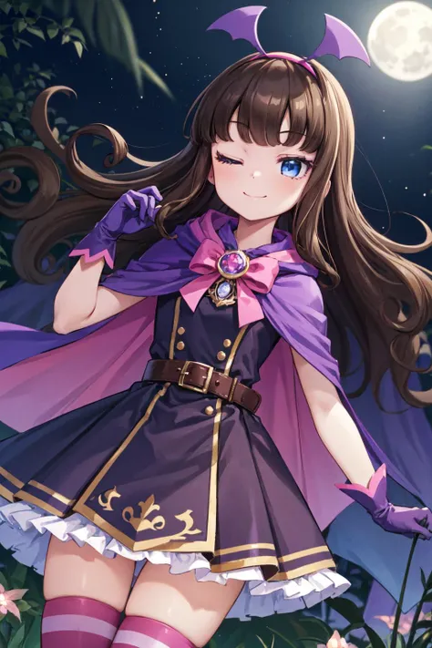 masterpiece,best quality,1girl,cute,kurosu aroma,brown hair,long hair,blue eyes,pink hairband,purple cloak,purple dress,frilled dress,belt,pink bow,striped thighhighs,black gloves,smile,one eye closed,looking away,outdoors,night,starry sky,full moon,dutch angle,<lora:Concept-control tool-add_detail-CyberAIchemist:0.3>,<lora:kurosu_aroma:1>,
