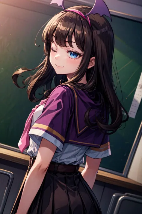 masterpiece,best quality,1girl,cute,kurosu aroma,brown hair,long hair,blue eyes,pink hairband,purple cloak,school uniform,pleated dress,belt,fake demon tail,smile,(one eye closed:0.9),looking back,indoors,classroom,from side,dutch angle,<lora:Concept-control tool-add_detail-CyberAIchemist:0.3>,<lora:kurosu_aroma:1>,