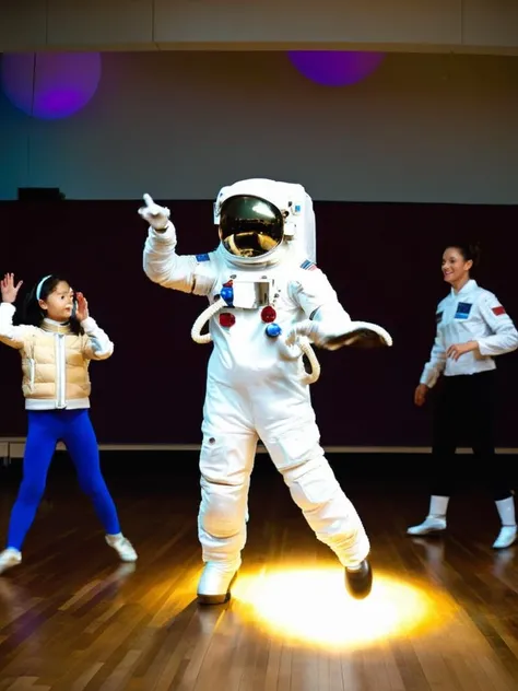 During a dance class:1.1, the astronaut:1.2 moves gracefully:1.2, their body a vessel of celestial rhythm. , <lora:Astro_Life:0.8>