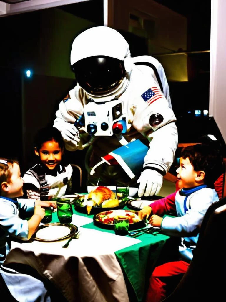 During a family dinner:1.1, the astronaut:1.2 shares stories:1.15 of their celestial adventures, connecting generations with tales of the cosmos. , <lora:Astro_Life:0.8>