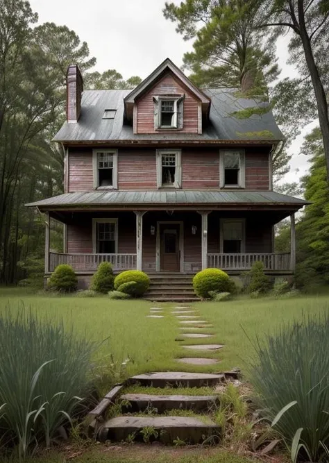 abandoned house, broken planks, moss, broken steps, unkempt yard, tall grass, weeds, terror,night,horror (theme),