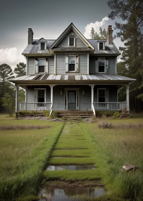 abandoned house, broken planks, moss, broken steps, unkempt yard, tall grass, weeds, terror,night,horror (theme),