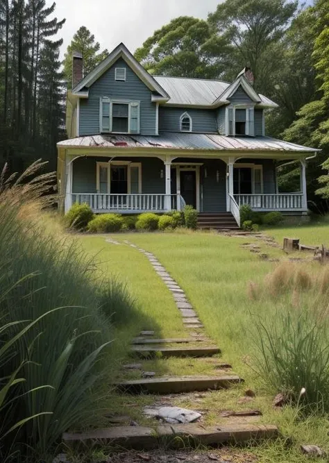 abandoned house, broken planks, moss, broken steps, unkempt yard, tall grass, weeds, terror,night,horror (theme),