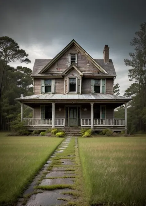 abandoned house, broken planks, moss, broken steps, unkempt yard, tall grass, weeds, terror,night,horror (theme),