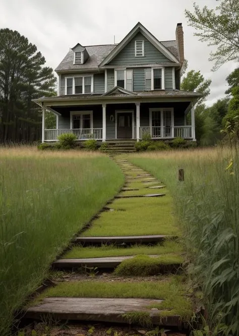 abandoned house, broken planks, moss, broken steps, unkempt yard, tall grass, weeds, terror,night,horror (theme),