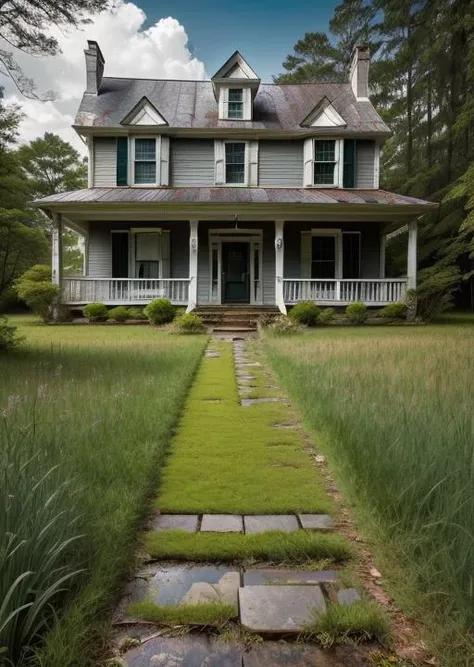 abandoned house, broken planks, moss, broken steps, unkempt yard, tall grass, weeds, terror,night,horror (theme),