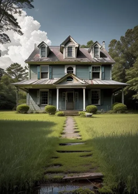 abandoned house, broken planks, moss, broken steps, unkempt yard, tall grass, weeds, terror,night,horror (theme),
