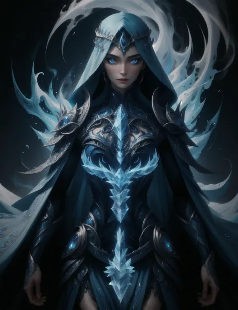 hyper detailed masterpiece, dynamic, awesome quality, blue azure ice,wraith, supernatural being, middle eastern folklore, humanoid created from smokeless fire, fantasy, <lora:3p0ch3lv3s-000009:0.8> epochelves