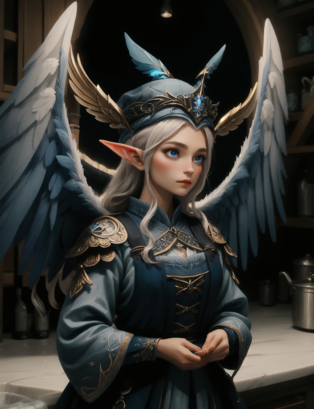 A woman with wings and a crown standing in a kitchen - SeaArt AI