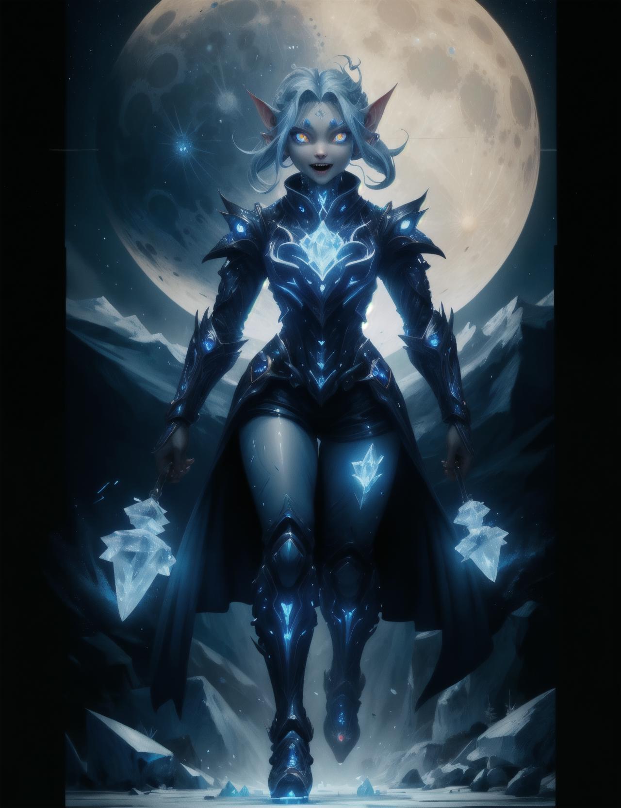 A woman in armor standing in front of a full moon - SeaArt AI