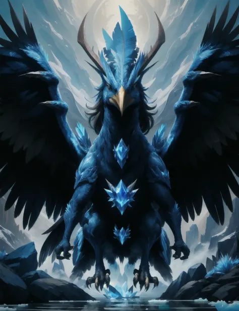 Crystal clear,glowing,Blue-purple colored crystals,Star-studded,A crystal phoenix with fluttering wings and a shining light,Shocking,Surreal,Dark background,中景 the scene is,high detal,Modeling style