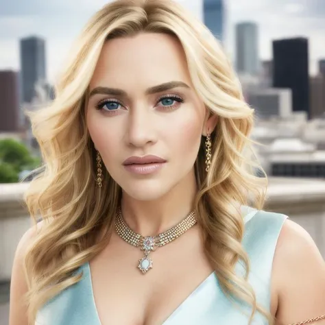 closeup picture, best quality, a sexy beautiful KW<lora:KW:1.0>, city background, long hair, blue eyes, blonde hair, casual dress, jewelry, bracelet, makeup, realistic, portrait, 8k, hdr