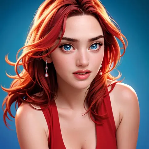 Realistic photo of a beautiful k4t3w-v2 woman, 1girl, solo, long hair, breasts, looking at viewer, blue eyes, red hair, red shirt, bare shoulders, medium breasts, upper body, parted lips, teeth, mole, lips, makeup, blue background, lipstick, strap slip, realistic, soft lighting, professional Photography, Photorealistic, detailed, RAW, analog, sharp focus, 8k, HD, high quality, masterpiece<lora:k4t3w-v2:1.0>