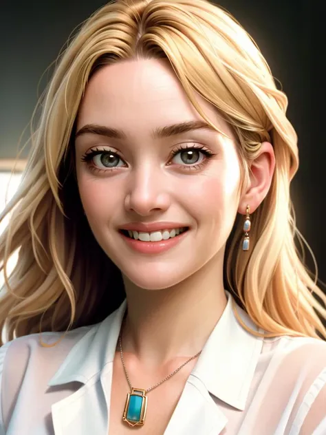 Realistic photo of a beautiful k4t3w-v2 woman, 1girl, solo, long hair, looking at viewer, smile, blonde hair, shirt, jewelry, white shirt, teeth, necklace, grin, lips, portrait, realistic, soft lighting, professional Photography, Photorealistic, detailed, RAW, analog, sharp focus, 8k, HD, high quality, masterpiece<lora:k4t3w-v2:1.0>
