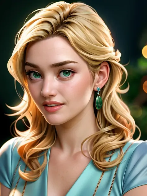 Realistic photo of a beautiful k4t3w-v2 woman, 1girl, solo, long hair, blonde hair, dress, jewelry, green eyes, upper body, earrings, teeth, solo focus, mole, blurry, lips, mole under eye, blurry background, blue dress, portrait, curly hair, realistic, mole on cheek, soft lighting, professional Photography, Photorealistic, detailed, RAW, analog, sharp focus, 8k, HD, high quality, masterpiece<lora:k4t3w-v2:1.0>